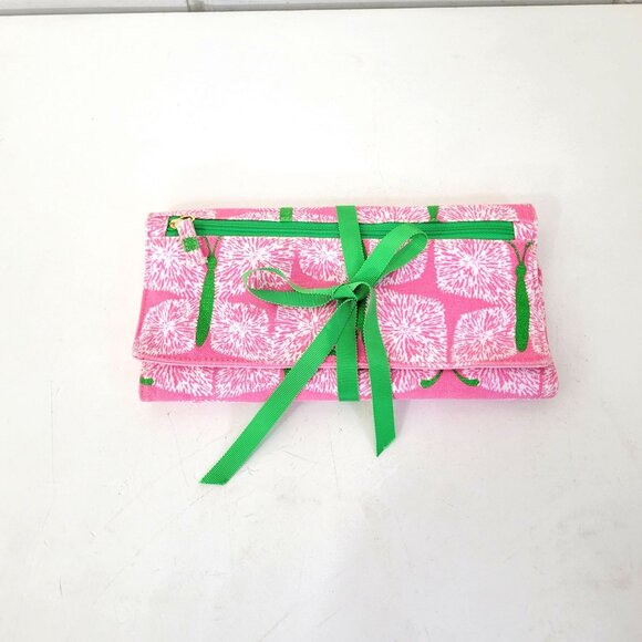 Lilly Pulitzer Pink & Green Travel Jewelry Roll Case With Zippered Pockets - Picture 5 of 5